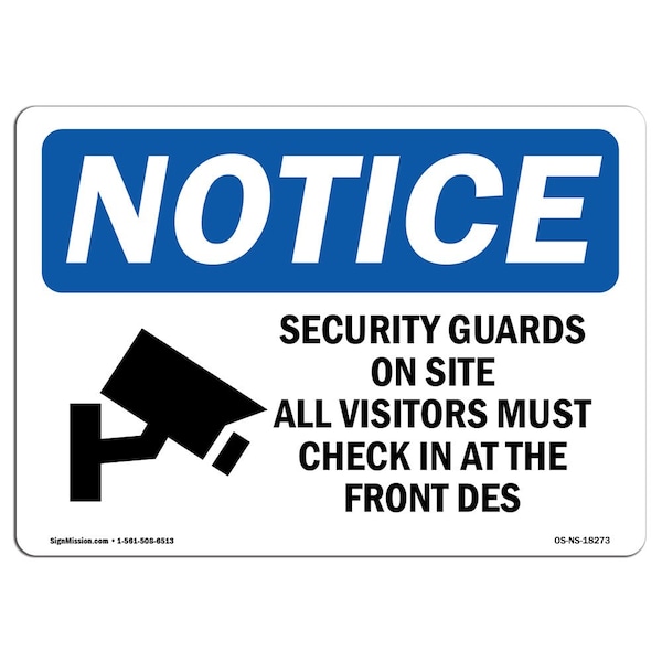 OSHA Sign, 18" H, 24" W, Rigid Plastic, Security Guards On Site All Sign With Symbol, Landscape
